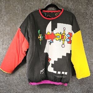 Vtg 80s Reversible Peter Max Geometric Man Print Puffy Sweatshirt, One Size